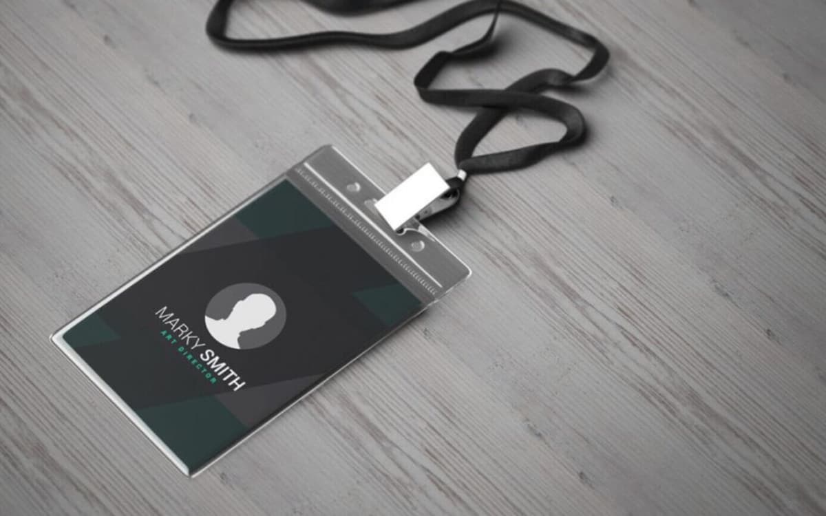 Exhibition badge on a lanyard