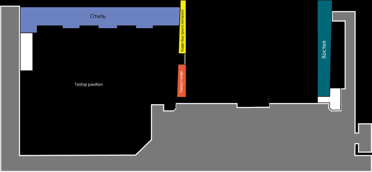 Kompleks boyunca bölüm: otel, hostel, pavyon ve teknik bölge